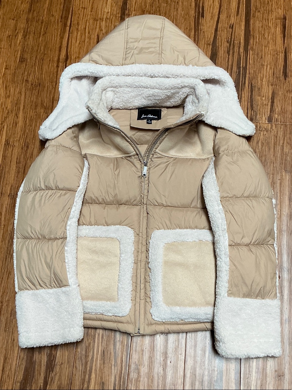 Sam Edelman Woman’s Tan Puffer Jacket with Cream Sherpa Trim